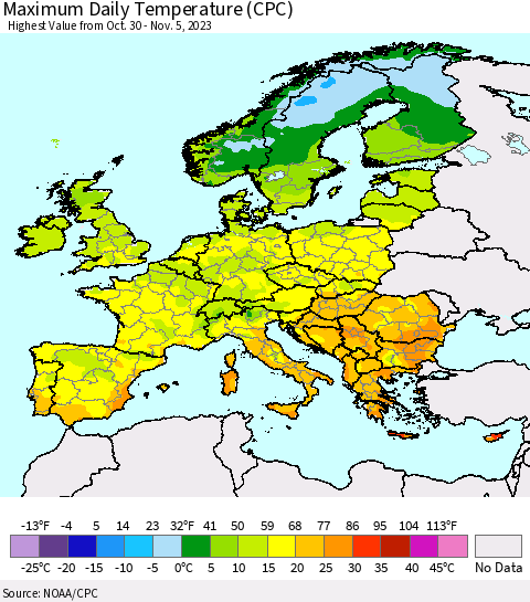 Europe Maximum Daily Temperature (CPC) Thematic Map For 10/30/2023 - 11/5/2023
