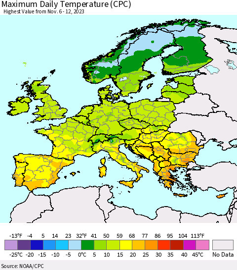 Europe Maximum Daily Temperature (CPC) Thematic Map For 11/6/2023 - 11/12/2023