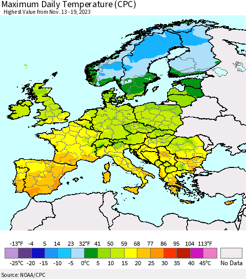 Europe Maximum Daily Temperature (CPC) Thematic Map For 11/13/2023 - 11/19/2023