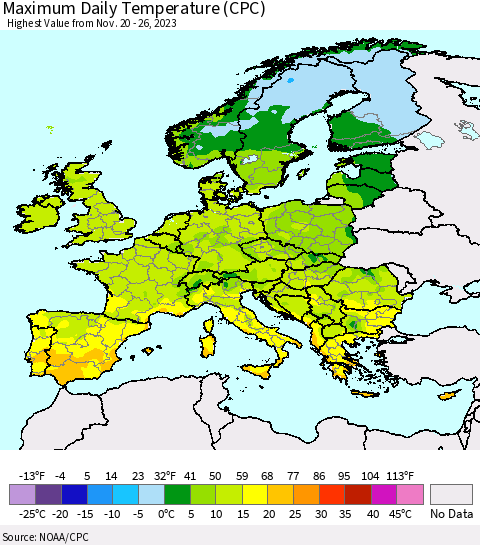 Europe Maximum Daily Temperature (CPC) Thematic Map For 11/20/2023 - 11/26/2023