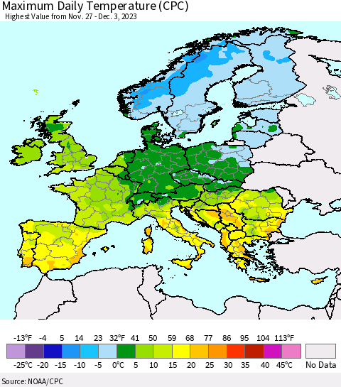 Europe Maximum Daily Temperature (CPC) Thematic Map For 11/27/2023 - 12/3/2023