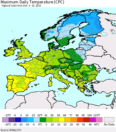 Europe Maximum Daily Temperature (CPC) Thematic Map For 12/4/2023 - 12/10/2023