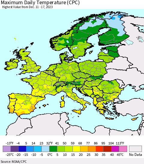 Europe Maximum Daily Temperature (CPC) Thematic Map For 12/11/2023 - 12/17/2023