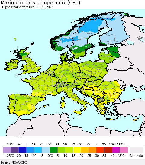 Europe Maximum Daily Temperature (CPC) Thematic Map For 12/25/2023 - 12/31/2023