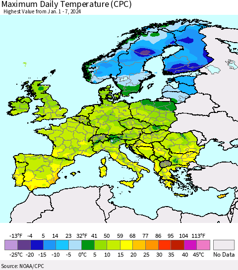 Europe Maximum Daily Temperature (CPC) Thematic Map For 1/1/2024 - 1/7/2024