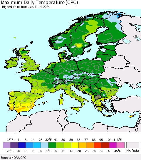Europe Maximum Daily Temperature (CPC) Thematic Map For 1/8/2024 - 1/14/2024