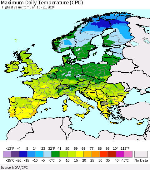 Europe Maximum Daily Temperature (CPC) Thematic Map For 1/15/2024 - 1/21/2024