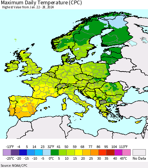 Europe Maximum Daily Temperature (CPC) Thematic Map For 1/22/2024 - 1/28/2024