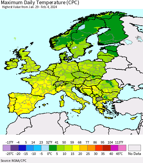 Europe Maximum Daily Temperature (CPC) Thematic Map For 1/29/2024 - 2/4/2024
