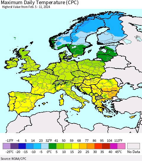 Europe Maximum Daily Temperature (CPC) Thematic Map For 2/5/2024 - 2/11/2024
