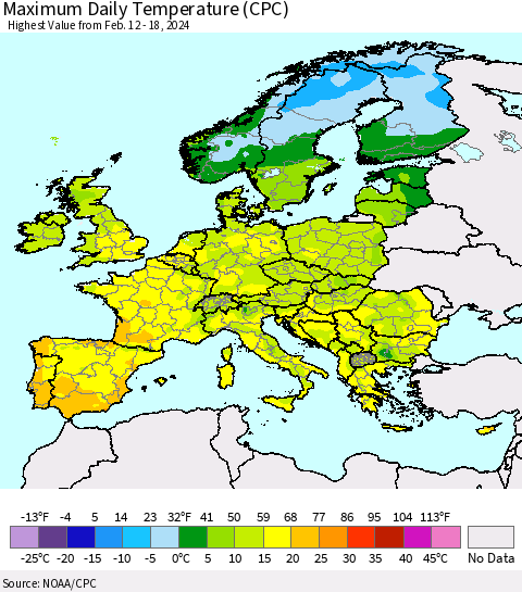 Europe Maximum Daily Temperature (CPC) Thematic Map For 2/12/2024 - 2/18/2024