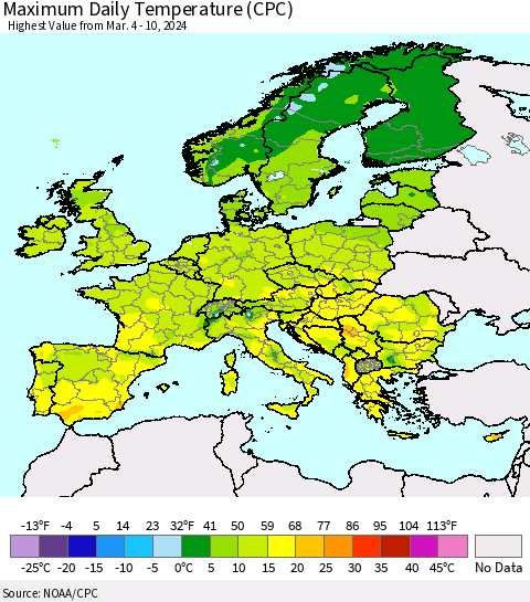 Europe Maximum Daily Temperature (CPC) Thematic Map For 3/4/2024 - 3/10/2024