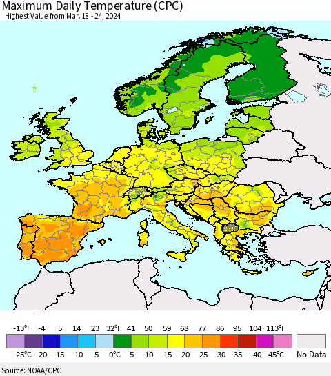 Europe Maximum Daily Temperature (CPC) Thematic Map For 3/18/2024 - 3/24/2024