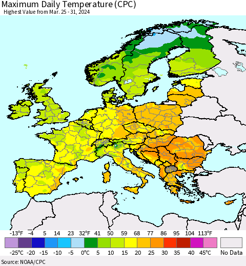Europe Maximum Daily Temperature (CPC) Thematic Map For 3/25/2024 - 3/31/2024