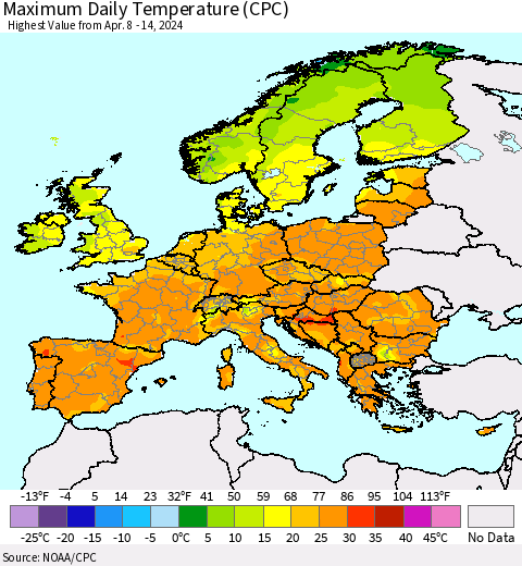 Europe Maximum Daily Temperature (CPC) Thematic Map For 4/8/2024 - 4/14/2024