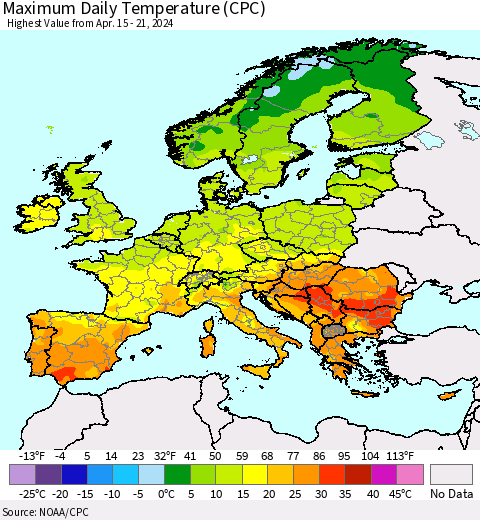 Europe Maximum Daily Temperature (CPC) Thematic Map For 4/15/2024 - 4/21/2024