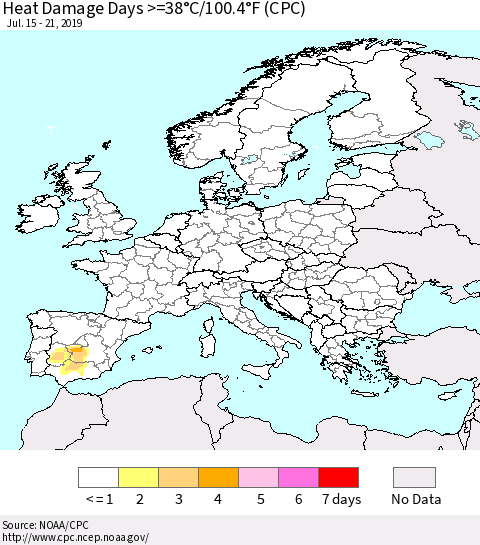 Europe Heat Damage Days >=38°C/100°F (CPC) Thematic Map For 7/15/2019 - 7/21/2019
