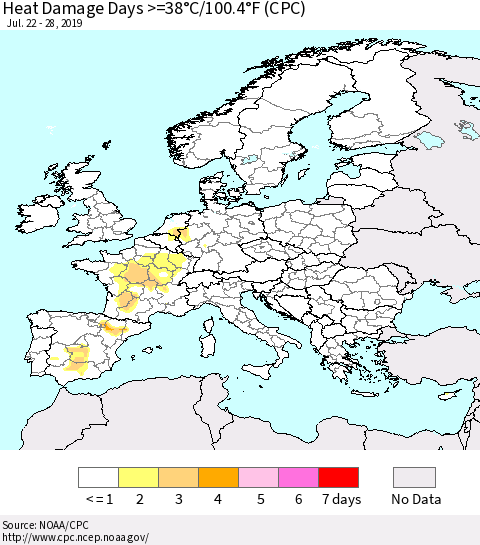 Europe Heat Damage Days >=38°C/100°F (CPC) Thematic Map For 7/22/2019 - 7/28/2019