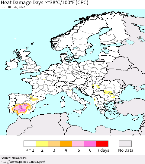 Europe Heat Damage Days >=38°C/100°F (CPC) Thematic Map For 7/18/2022 - 7/24/2022