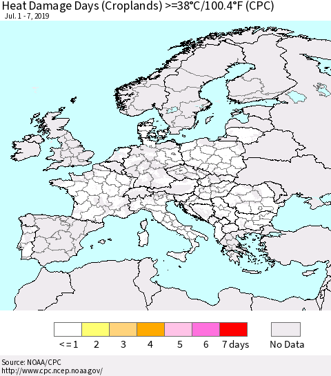 Europe Heat Damage Days (Croplands) >=38°C/100°F (CPC) Thematic Map For 7/1/2019 - 7/7/2019