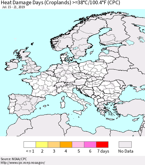 Europe Heat Damage Days (Croplands) >=38°C/100°F (CPC) Thematic Map For 7/15/2019 - 7/21/2019