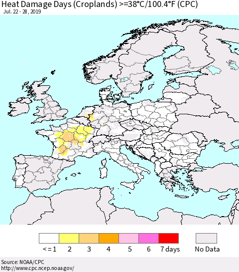 Europe Heat Damage Days (Croplands) >=38°C/100°F (CPC) Thematic Map For 7/22/2019 - 7/28/2019