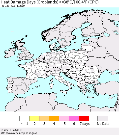 Europe Heat Damage Days (Croplands) >=38°C/100°F (CPC) Thematic Map For 7/29/2019 - 8/4/2019