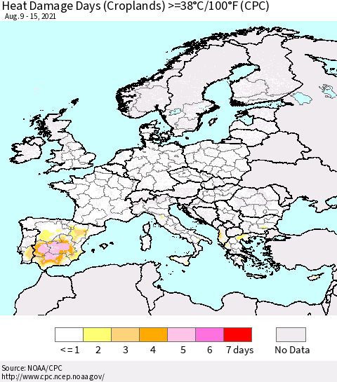 Europe Heat Damage Days (Croplands) >=38°C/100°F (CPC) Thematic Map For 8/9/2021 - 8/15/2021