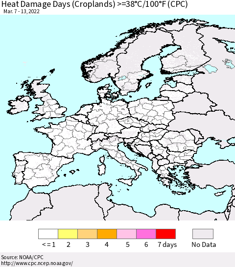 Europe Heat Damage Days (Croplands) >=38°C/100°F (CPC) Thematic Map For 3/7/2022 - 3/13/2022