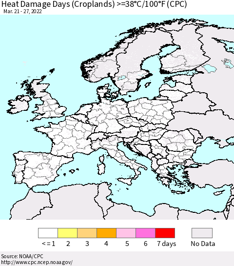 Europe Heat Damage Days (Croplands) >=38°C/100°F (CPC) Thematic Map For 3/21/2022 - 3/27/2022