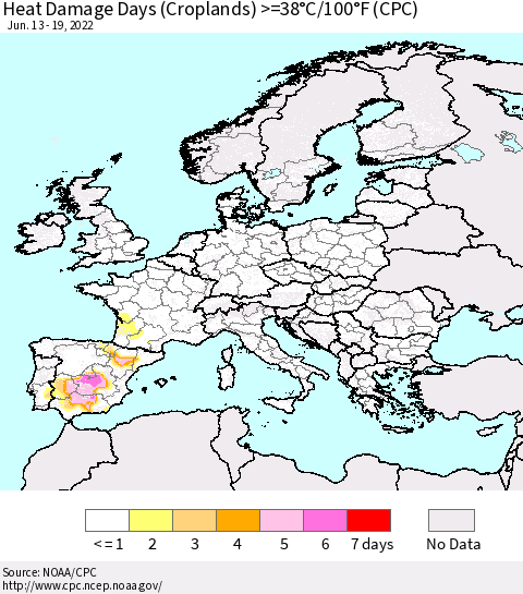 Europe Heat Damage Days (Croplands) >=38°C/100°F (CPC) Thematic Map For 6/13/2022 - 6/19/2022