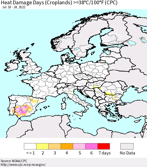 Europe Heat Damage Days (Croplands) >=38°C/100°F (CPC) Thematic Map For 7/18/2022 - 7/24/2022