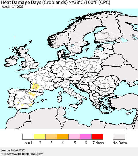 Europe Heat Damage Days (Croplands) >=38°C/100°F (CPC) Thematic Map For 8/8/2022 - 8/14/2022