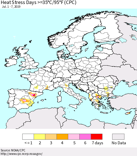 Europe Heat Stress Days >=35°C/95°F (CPC) Thematic Map For 7/1/2019 - 7/7/2019