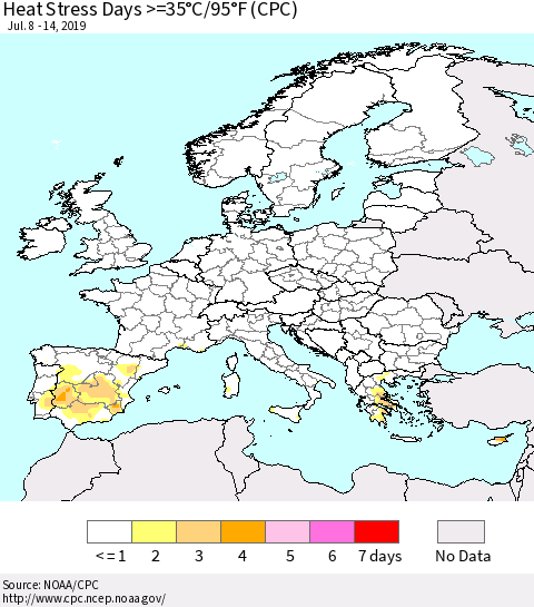 Europe Heat Stress Days >=35°C/95°F (CPC) Thematic Map For 7/8/2019 - 7/14/2019