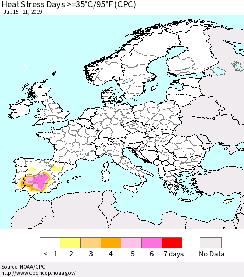 Europe Heat Stress Days >=35°C/95°F (CPC) Thematic Map For 7/15/2019 - 7/21/2019