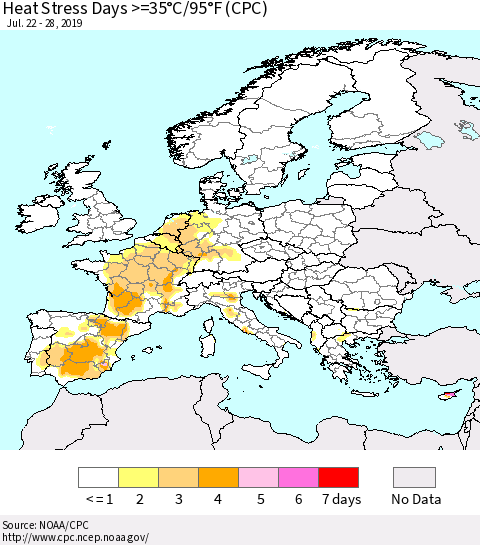 Europe Heat Stress Days >=35°C/95°F (CPC) Thematic Map For 7/22/2019 - 7/28/2019