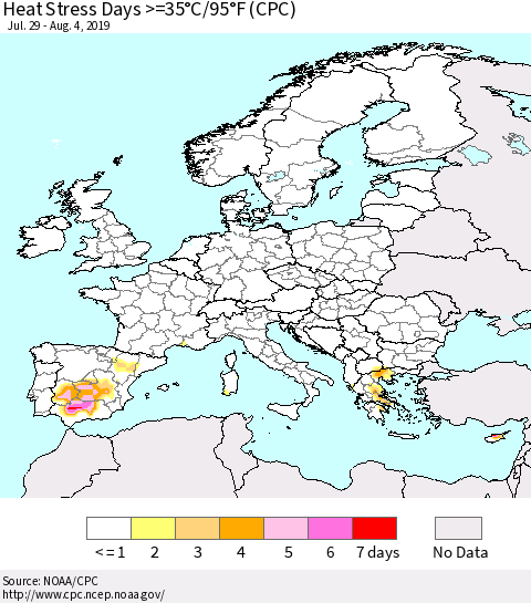 Europe Heat Stress Days >=35°C/95°F (CPC) Thematic Map For 7/29/2019 - 8/4/2019