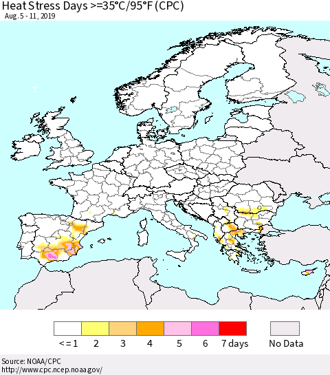 Europe Heat Stress Days >=35°C/95°F (CPC) Thematic Map For 8/5/2019 - 8/11/2019