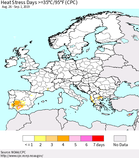 Europe Heat Stress Days >=35°C/95°F (CPC) Thematic Map For 8/26/2019 - 9/1/2019