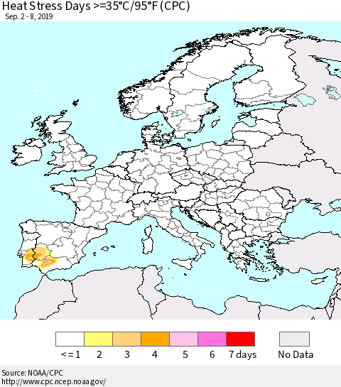 Europe Heat Stress Days >=35°C/95°F (CPC) Thematic Map For 9/2/2019 - 9/8/2019