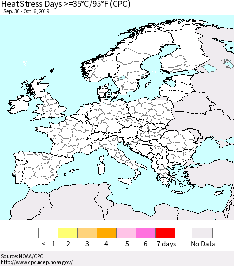 Europe Heat Stress Days >=35°C/95°F (CPC) Thematic Map For 9/30/2019 - 10/6/2019