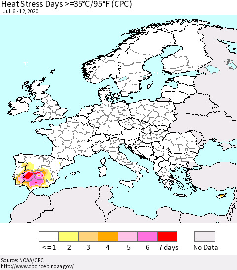 Europe Heat Stress Days >=35°C/95°F (CPC) Thematic Map For 7/6/2020 - 7/12/2020