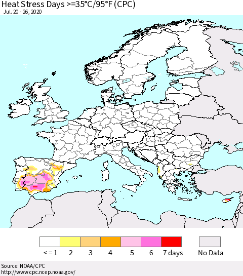 Europe Heat Stress Days >=35°C/95°F (CPC) Thematic Map For 7/20/2020 - 7/26/2020