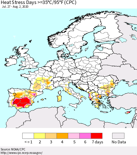 Europe Heat Stress Days >=35°C/95°F (CPC) Thematic Map For 7/27/2020 - 8/2/2020