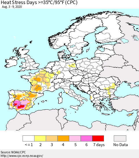 Europe Heat Stress Days >=35°C/95°F (CPC) Thematic Map For 8/3/2020 - 8/9/2020