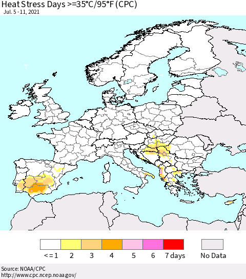 Europe Heat Stress Days >=35°C/95°F (CPC) Thematic Map For 7/5/2021 - 7/11/2021