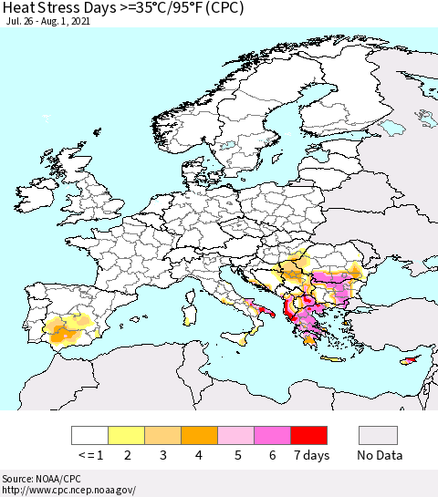 Europe Heat Stress Days >=35°C/95°F (CPC) Thematic Map For 7/26/2021 - 8/1/2021