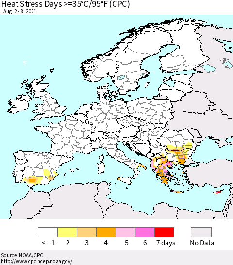 Europe Heat Stress Days >=35°C/95°F (CPC) Thematic Map For 8/2/2021 - 8/8/2021