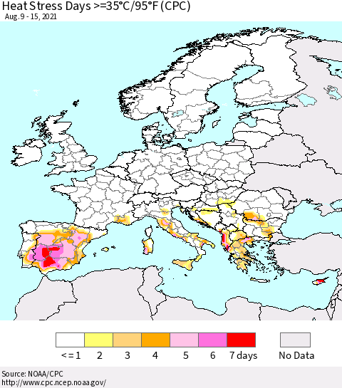 Europe Heat Stress Days >=35°C/95°F (CPC) Thematic Map For 8/9/2021 - 8/15/2021